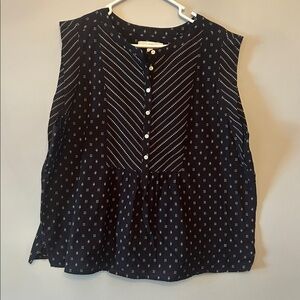 Loft Black and Beige Embroidered Henley, Cap Sleeve Top, Size XL